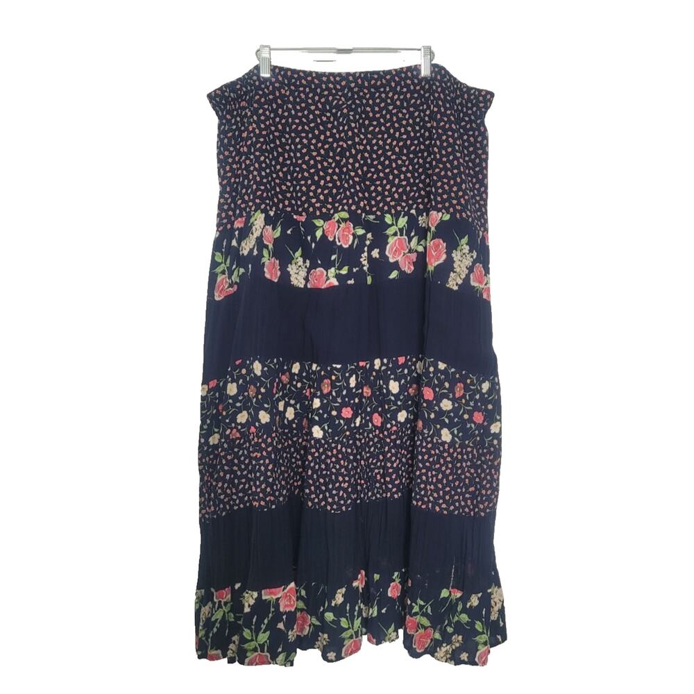 Vintage Lucia Lukken Tiered Floral Patchwork Maxi Skirt Size XL Blue Cottagecore